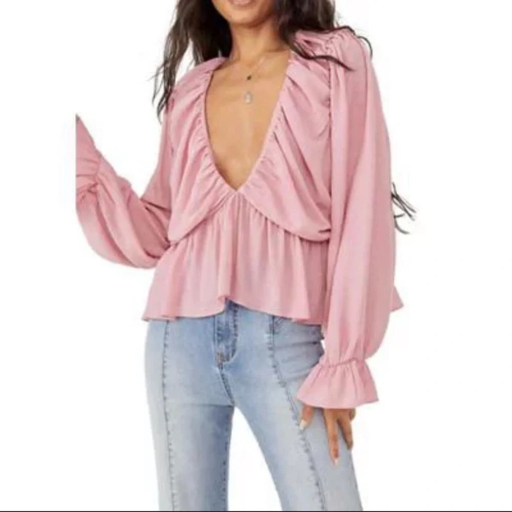 Free People Women's Mountain Flower Ruffle Deep V-Neck Daia Blouse Top Size S